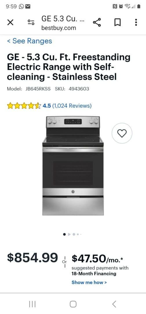GE New In Box 5.3 Cu.ft Electric Range Freestanding – Stainless Steel